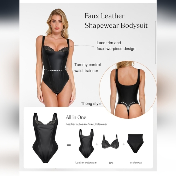 Popilush Black Faux Leather Lace Shapewear Tummy Control Bodysuit Size 3XL - Picture 4 of 11